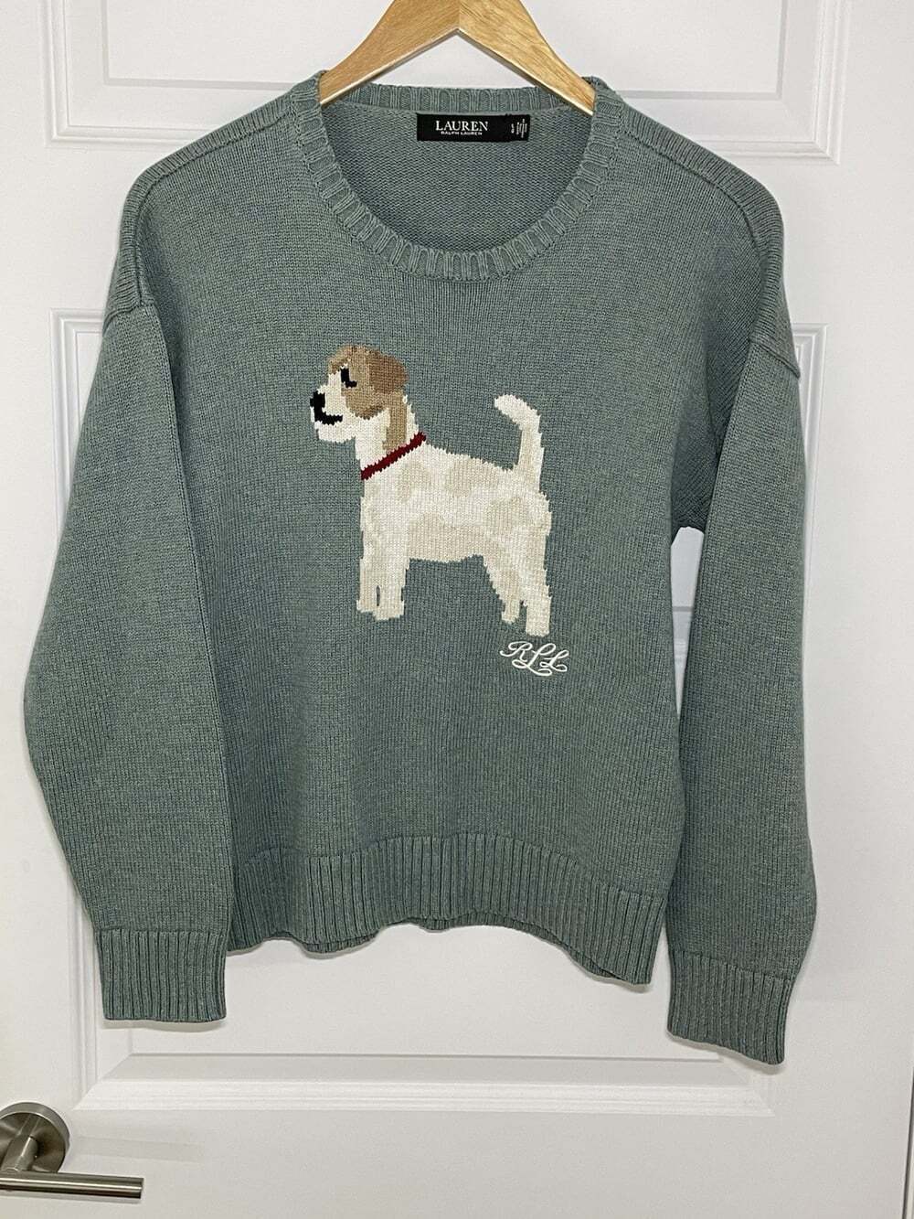 Lauren Ralph Lauren Jack Russel Terrier Dog Intarsia Sweater Knit Blue-Green EUC